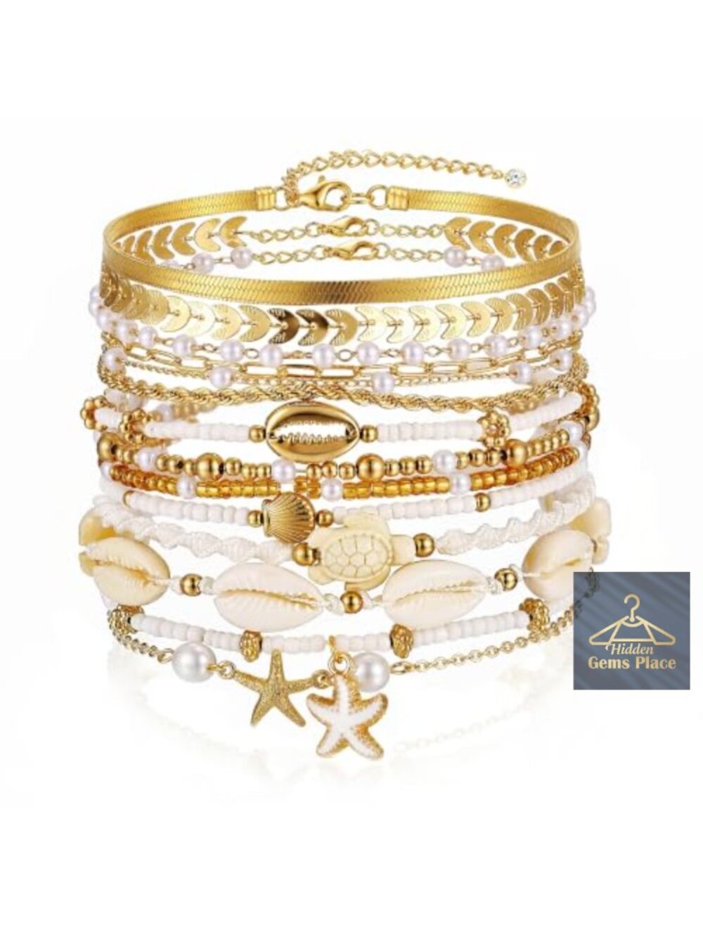 Boho Gold Beaded Bracelets for Women, Starfish & Shell Pendant Bracelet Stack,
